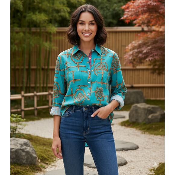 Jude Connally Womens M Coastal Tropical Preppy Artsy Geometric Button Up Shirt - Picture 2 of 8